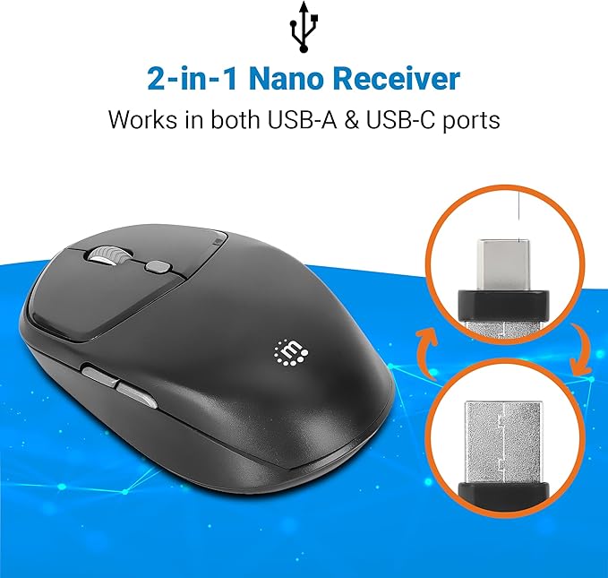 MANHATTAN Wireless Compact Travel Mouse – 2.4 GHz RF, 800/1200/1600 dpi, Six Buttons with Scroll Wheel, USB-A & USB-C 2-in-1 Receiver Dongle – for Laptop, Computer, PC -3 Yr Mfg Warranty–190244