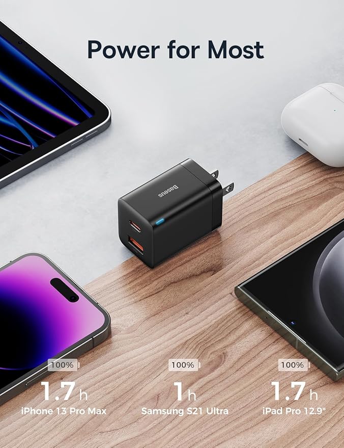 Baseus 30W Dual Port USB C PD Charger Block, Foldable PPS GaN Fast Charger Power Adapter for iPhone 17/16/15 Pro Max/14 Pro/13, Galaxy S24 Ultra/S23, Google Pixel 6, iPad, Black
