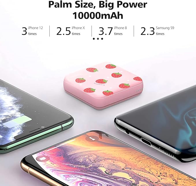 Yoobao Portable Charger 10000mAh, Cute Power Bank USB-C for Girls Travel, 2 Outputs & 2 Inputs (5V/2.1A), Mini Phone Battery Pack for iPhone 11/12/13/iPad/Android (Strawberry)