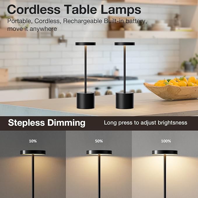 Cordless Table Lamp, 4000mAh Rechargeable Battery Powered Lamps, 3 Color Stepless Dimming, LED Wireless Outdoor Lamps for Dining Room, Bedroom, Bar, Cafe, Restaurant, Patio, Camping, Set of 2- Black
