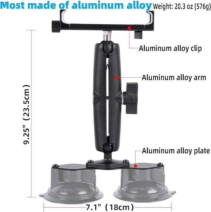 Aluminum Tablet Holder with Dual Suction Cup Base for Car/Boat Windshield, Tablet Stand Fits iPad Air 13" M2 (2024), iPad Pro 12.9" and other 4.7-15" Tablets, Mount on Window Bathroom Mirror