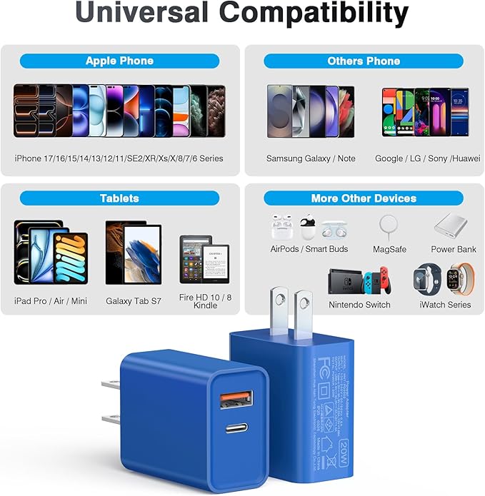 2 Pack USB C Charger, 20W PD Fast Charger Dual Port Plug Type C Charger Compatible for iPhone 12/13/14/15/16/17/Pro/Pro Max/Plus/X/SE3 iPad Pro Cube,Galaxy S25/S24 Dark Blue