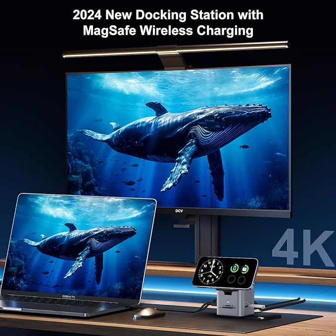 USB C Laptop Docking Station with MagSafe Charger Stand, 9 in 1 USB C Hub Multiport Adapter with 4K HDMI, 1Gbps Ethernet, 3 USB 3.0, SD/TF, Compatible with MacBook/Dell/HP/Lenovo/iPhone (Silver Gray)