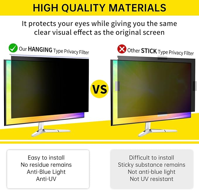 〔2-Pack〕 24 Inch Computer Privacy Screen Filter for 16:9 Monitor, Anti-Blue Light, Anti-UV,Blue Light Blocking Removable Privacy Protector Shield Fits 23.6", 23.8", 24" Monitors