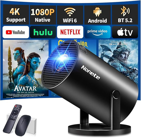 【Built-in Apps】Mini Projector 1080P, 4K Projector Full HD with WIFI 6 and Bluetooth 5.2, Support 270° Rotatable Portable Projector with Auto Keystone Correction,Compatible with Phone/HDMI/USB - Black