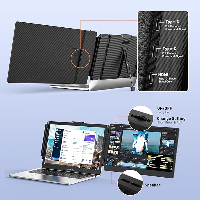 Laptop Screen Extender 14-inch, 1080P FHD Portable Monitor, Type-C/HDMI/USB-A Plug & Play, Laptop Monitor Extender fits Laptops with Screen up to 15.35" Wide, Compatible with Windows, Mac, Chrome