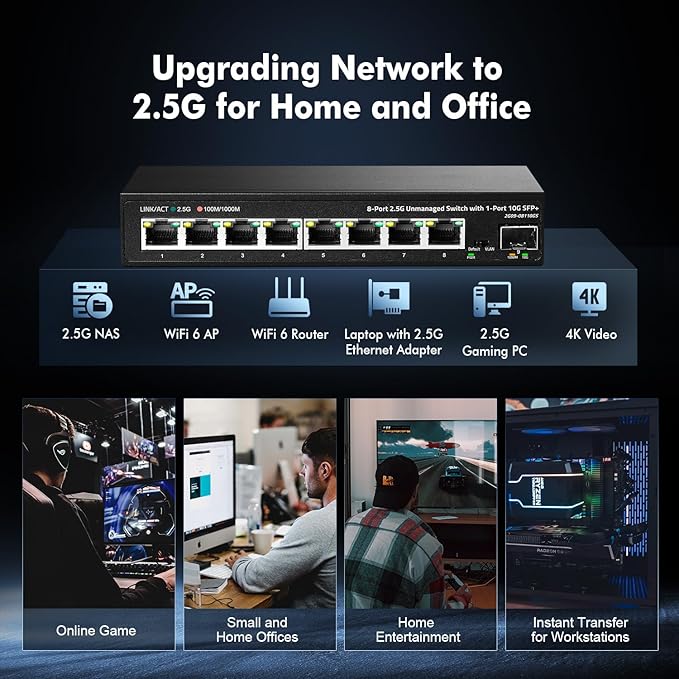 Binardat 8 Port 2.5G Unmanaged Switch, Metal Case, 10G SFP+, RJ-45 Base-T, Desktop/Wall-Mount, Multi-Gigabit Ethernet, for Home/Office Use