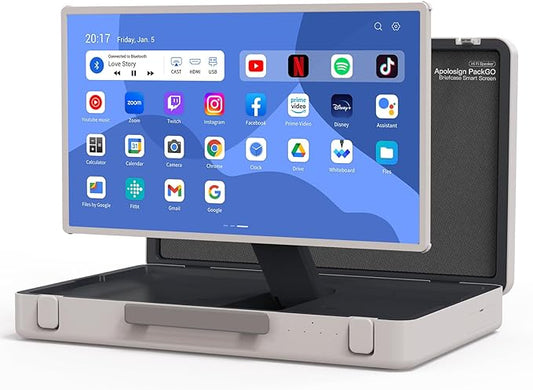 apolosign packgo 27-Inch Portable Entertainment System, Compact Suitcase Design Smart TV, Android OS, Bluetooth 3D Speakers, Built-in Battery 6H, Briefcase Screen Perfect for Travel & Parties (White)