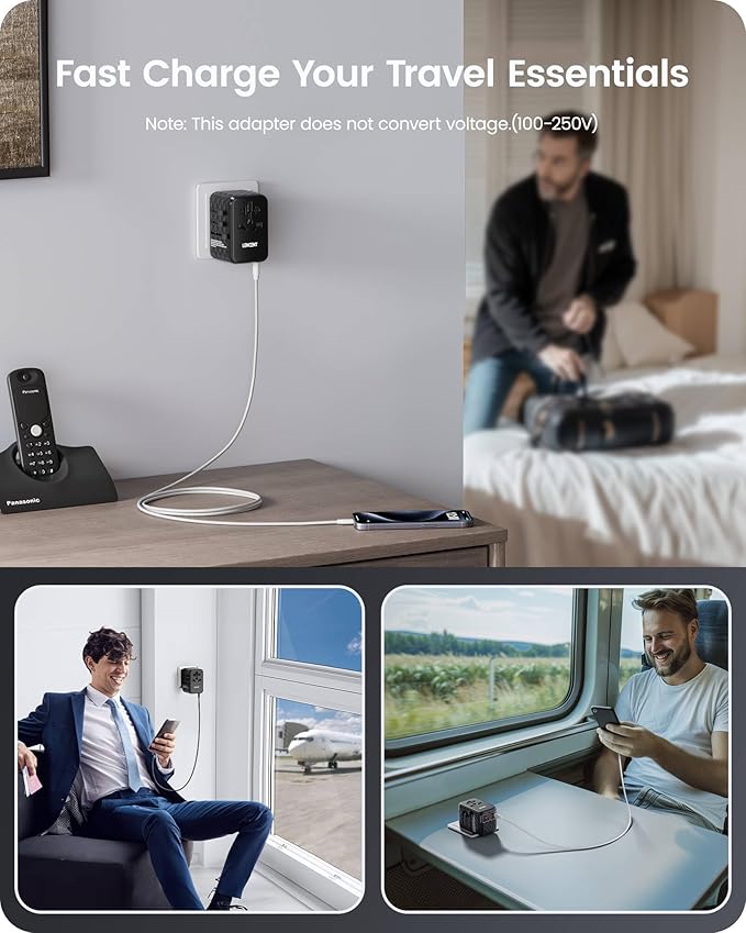 LENCENT 65W Universal Travel Adapter, GaN International Fast Charger 2 USB-A & 2 USB-C Power Plug Converter, Power Outlet Adapter for Phones,Laptops, All in One Travel Essentials for EU/USA/UK/AU