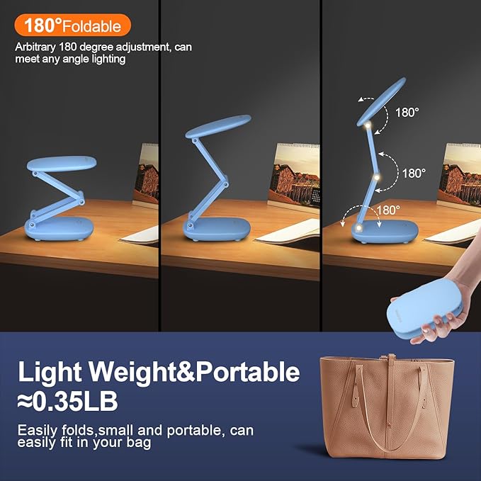 LED Desk Lamp for Office & Home, Battery Operated, Foldable & Portable Light, 2-Fold Bracket, 3 Brightness Dimmable, Wireless Reading Lamp (Blue)