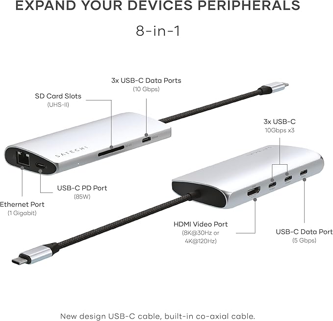 Satechi 8 in 1 USB C Hub Multiport Adapter V3, 8K HDMI, 100W Charging, 4 USB Data Ports, Ethernet, SD Card Reader, for Laptop, for Mac/Windows, MacBook Air/Pro M4, iPad - Silver
