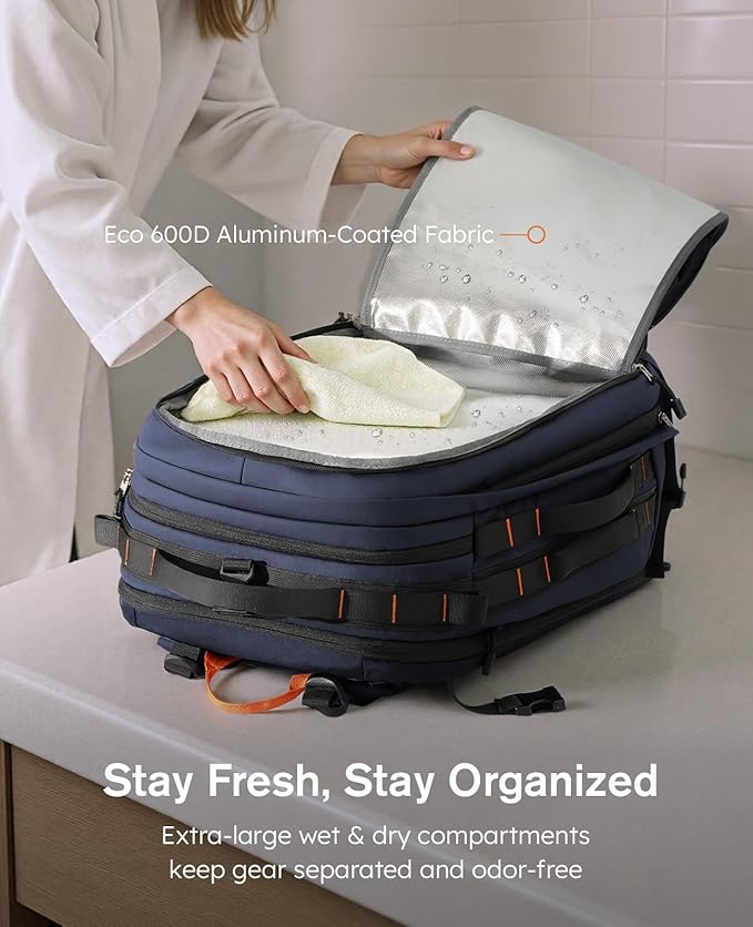 Tolaccea Travel Laptop Backpack, TSA Friendly Flight Approved Carry-on Business Rucksack Work Backpack with Extra Toiletry Bag, Dual Storage for 17.3" Laptop and 12.9" Tablet, 40-45L Expandable