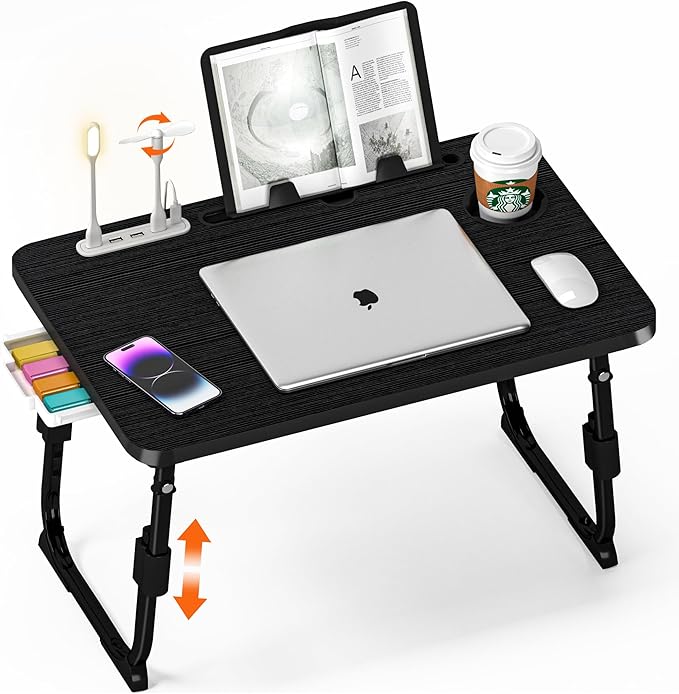 Laptop Desk for Bed Height Adjustable, Lap Bed Table with USB/Storage Drawer/Cup Holder/Tablet Stand/Book Shelf, Foldable Breakfast Tray Portable for Reading Writing, Sofa & Floor, Black