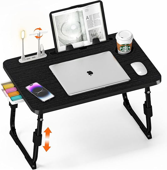 Laptop Desk for Bed Height Adjustable, Lap Bed Table with USB/Storage Drawer/Cup Holder/Tablet Stand/Book Shelf, Foldable Breakfast Tray Portable for Reading Writing, Sofa & Floor, Black