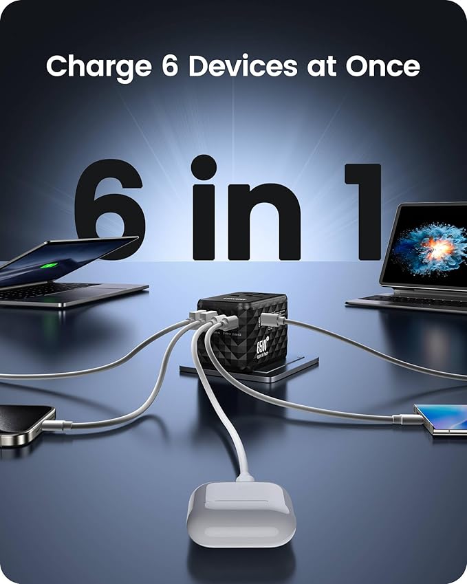 LENCENT 65W GaN International Travel Adapter with 2 USB-A & 3 Type C Ports, Fast Charger for Phones & Laptops, Worldwide Plug Adapter for USA/UK/EU/AUS, Black