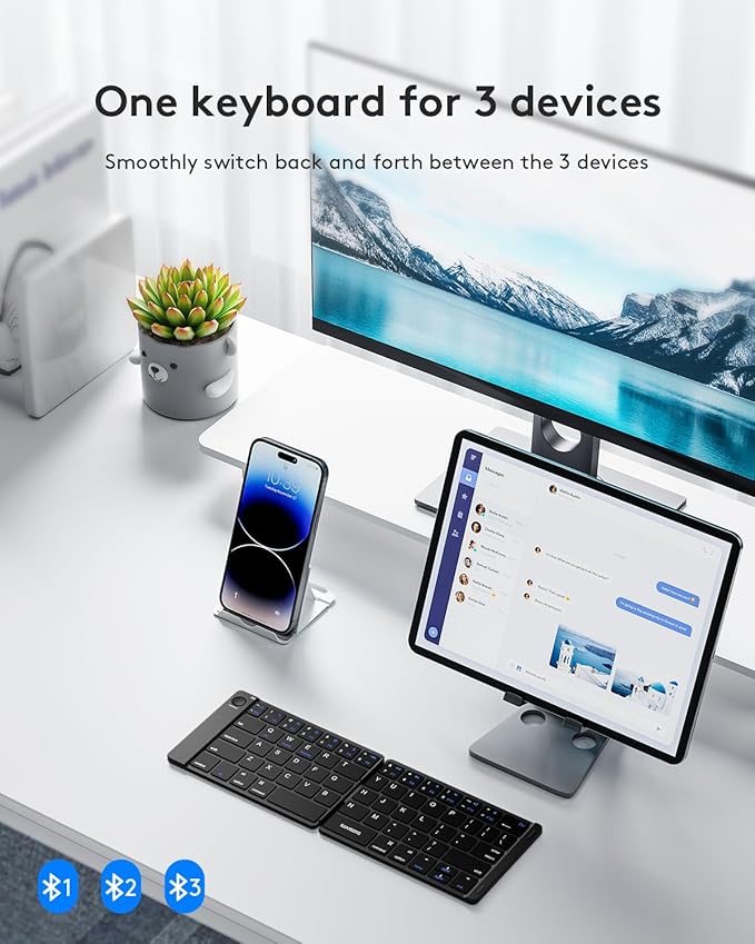 Samsers Bluetooth Foldable Keyboard, Wireless Portable Folding Keyboards, Full-Size Ultra-Slim Rechargeable Connect Up to 3 Devices for iOS Android Windows Phone Tablet and Laptop, Black