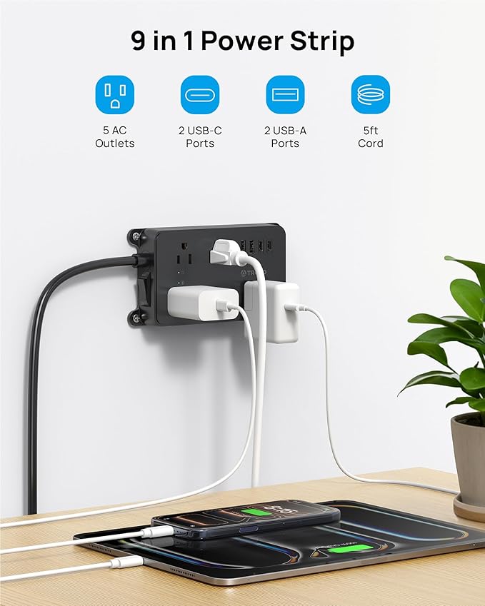 TROND Power Strip Surge Protector, 5 Widely-Spaced Outlets with 2 USB A and 2 USB C, ETL Listed, Wall Mountable, Flat Plug 5ft Extension Cord, 1300J, 14AWG Heavy Duty, for Office Kitchen, Black