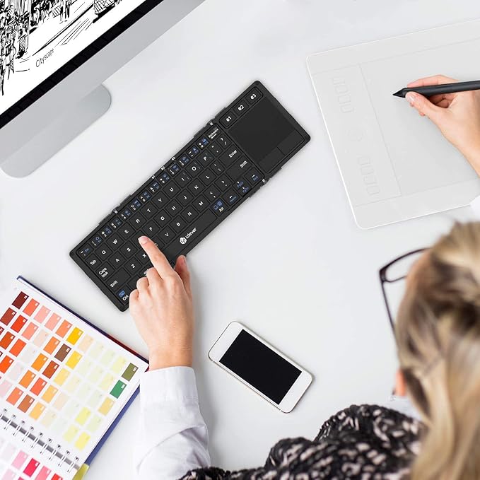 iClever Foldable Keyboard, BK08 Bluetooth Keyboard with Sensitive Touchpad (Sync Up to 3 Devices), Tri-Folding Pocket-Sized for Windows Mac Android iOS