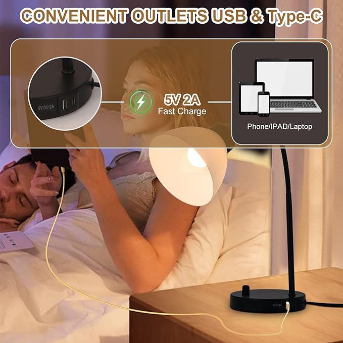 Desk Lamps, Table Lamps for Bedrooms with 2 USB Port, Stepless Dimmable Bedside Lamps, Adjustable Gooseneck Lamp for Living Room, Small Lamps for Office Reading, Nightstand Lamps with 5W LED Bulb