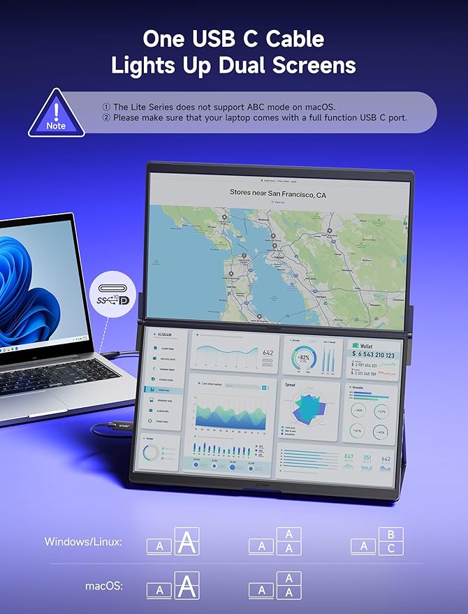 JSAUX FlipGo Lite 15.6" Portable Dual Stacked Monitor, 1080P FHD IPS Laptop Screen Extender One Cable for Triple Monitor Setup (For Windows&Linux) with Magnetic Design, Built-in Hub,No Driver Required