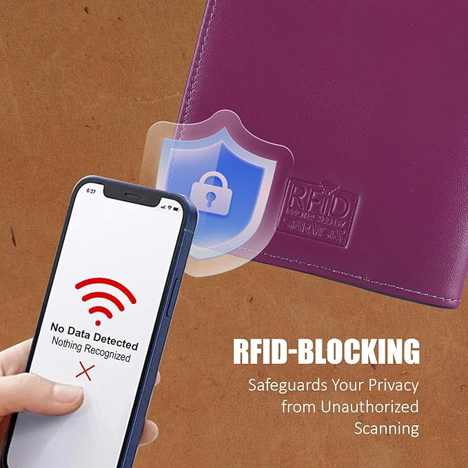 STAR VISTA Phoenix Leather Passport Holder, Calfskin Leather Travel Wallet - RFID Blocking, ID Window, Zipper Pocket, Pen & Notebook Included, AirTag Holder, Violet