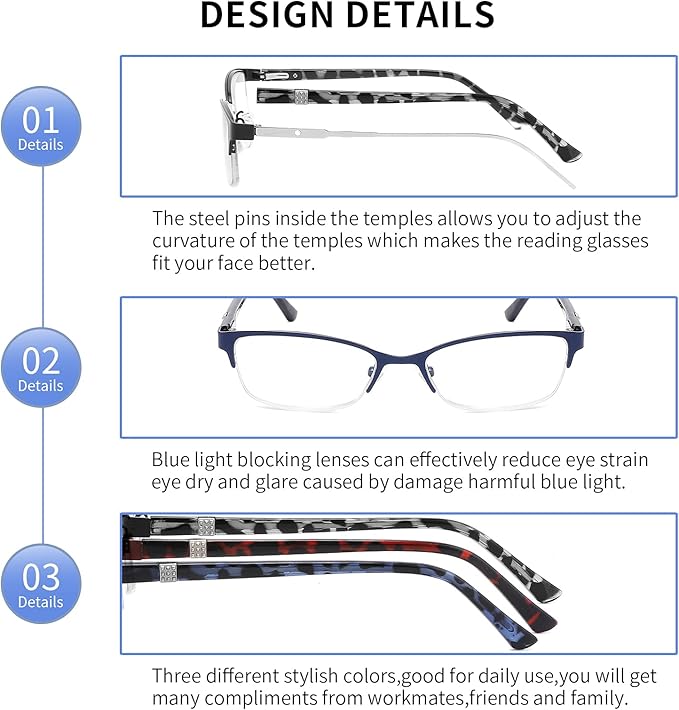 CRGATV 3-Pack Reading Glasses for Women Blue Light Blocking Metal Half Frame Computer Readers Anti UV/Eye Strain/Glare