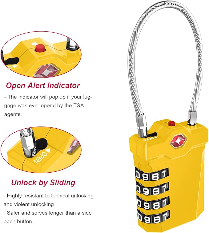 ZHEGE TSA Approved Cable Locks Flexible, Travel Lock Zipper Bag, 4 Digit Luggage Combination Lock with Open Alert Indicator for Suitcase, Backpack, Baggage (1 Pack, Yellow)