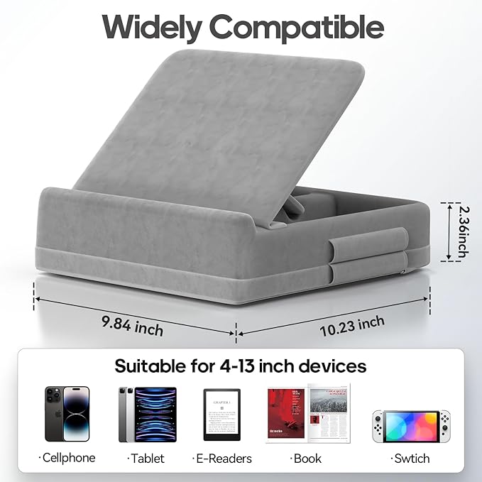 KDD Tablet Pillow Stand with Storage, Foldable Ipad Holder for Bed, Lap and Desk, Angle Adjustable Soft Pad Dock with Stylus Mount Compatible with Ipad Pro 12.9, 10.5, 11, Air, Mini, Phones, Books