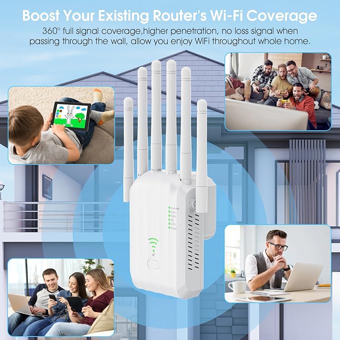WiFi 6 Range Extender Signal Booster for Home, AX1900 Dual Band Internet Booster with 6 High Gain Antennas, Gigabit Ethernet Port, Covers up to 12000 sq.ft & 105 Devices, Easy Setup
