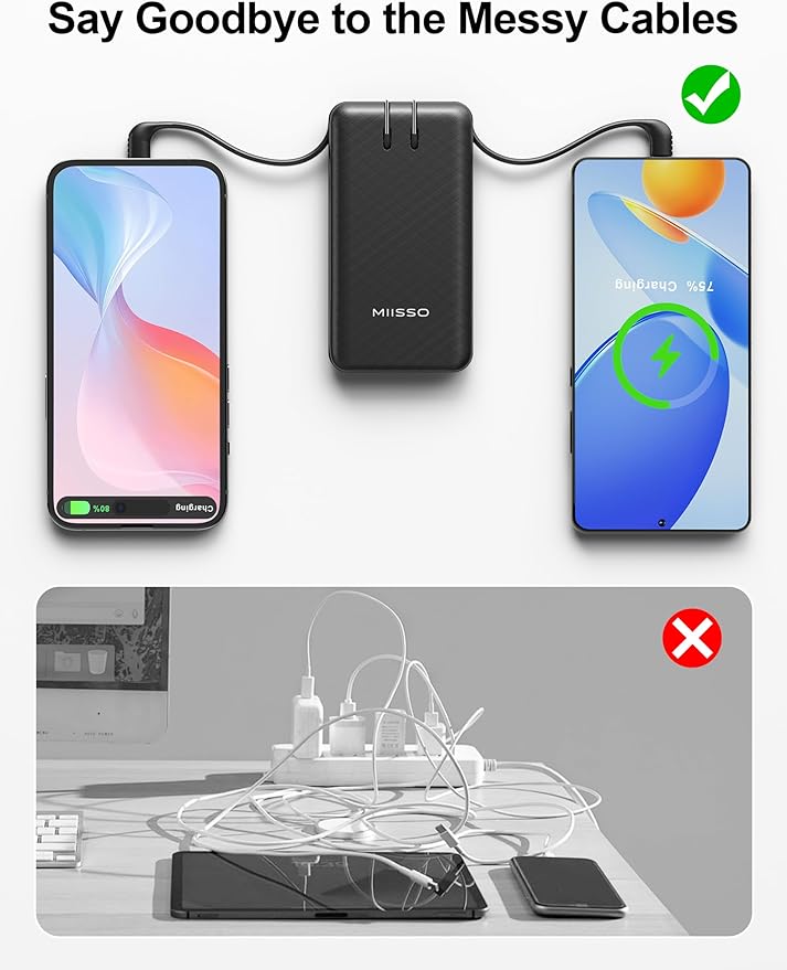 miisso Ultra Slim 10000mAh Power Bank Built-in Cables and Foldable AC Wall Plug, Pocket Size USB C Portable Charger, External Battery Pack Compatible with iPhone Samsung iPad etc, Black