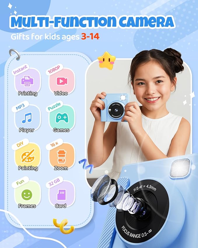 Kids Instant Print Camera, Christmas Birthday Gifts for Girls and Boys, 1080P HD Video Digital Kids Camera with Print Paper & 32G Card, Toddler Toy for 3-14 Years Old (Blue)