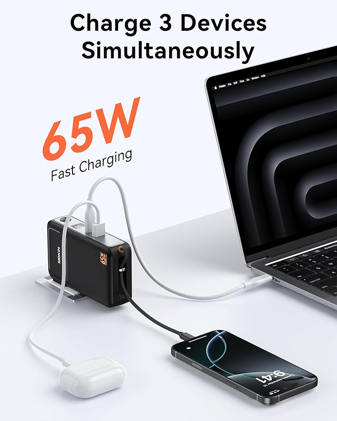 Portable Charger, 10000mAh Power Bank Built in Cable and Wall Plug 65W for Laptop, 3 in 1 Phone Battery Pack 35W Fast Charging, Travel Essentials USB C Compatible with iPhone 17 16 15 Samsung MacBook