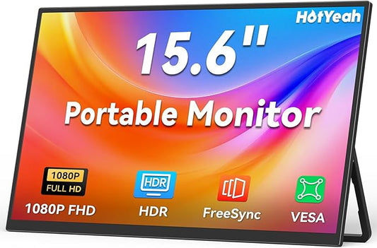 HotYeah Portable Monitor, 15.6-in 1080P FHD Laptop Monitor USB-C HDMI External Computer Display HDR FreeSync IPS w/Kickstand & Speaker, 2nd Screen for Laptop PC Mac Phone Tablet Switch PS5 Xbox
