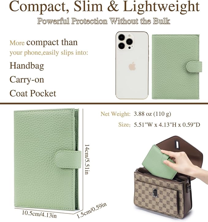Leather Passport Holder for Travel Women – RFID Blocking Passport Wallet with 1 Passport Slot & 3 Card Slots, Coin Pocket & SIM Slot – Slim Genuine Leather Travel Organizer (Light Green)