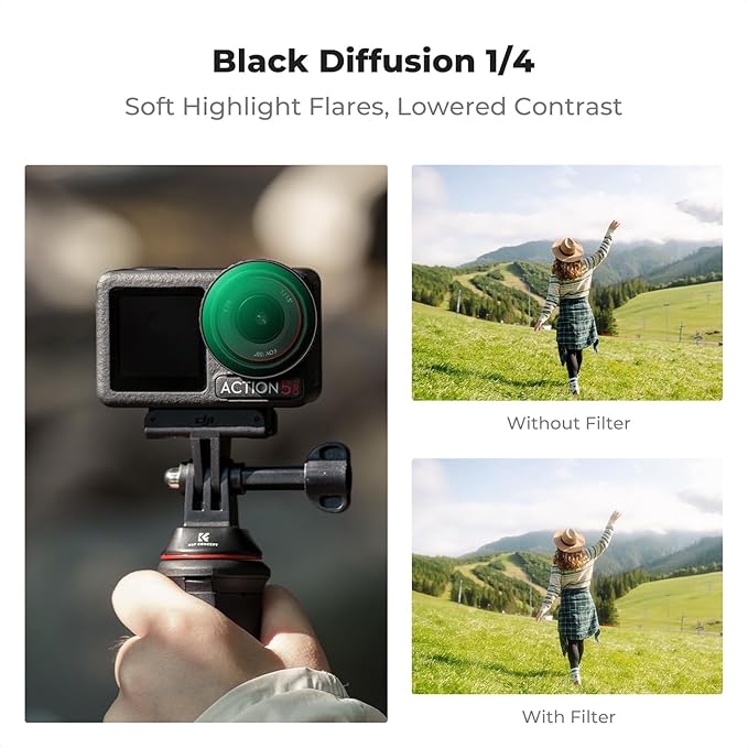K&F Concept Push-in Black Diffusion 1/4 Filter for DJI Osmo Action 5 Pro, Creative Mist Cinematic Effect Filters for DJI Osmo Action 4 Action 3, Multi-Coated/Optical Glass/Aluminum Alloy Frame