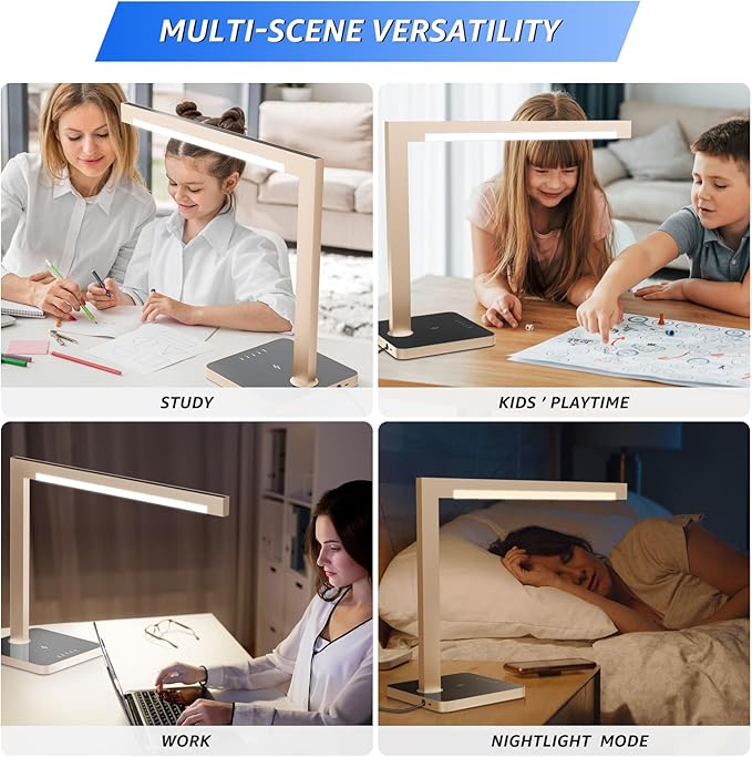 Aluminum LED Desk Lamp with Charging Station, Large 15W Table Lamp with Type-C Ports & 4 Color Temperature Modes(3000K-6000K), Dimmable Desk Light for Home Office,Bedroom (Includes Adapter)