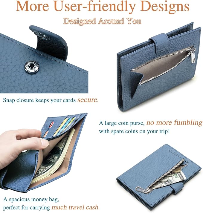 Leather Passport Holder for Travel Women – RFID Blocking Travel Passport Wallet with 1 Passport Slot & 3 Card Slots, Coin Pocket, & SIM Slot – Slim Genuine Leather Travel Organizer Denim Blue