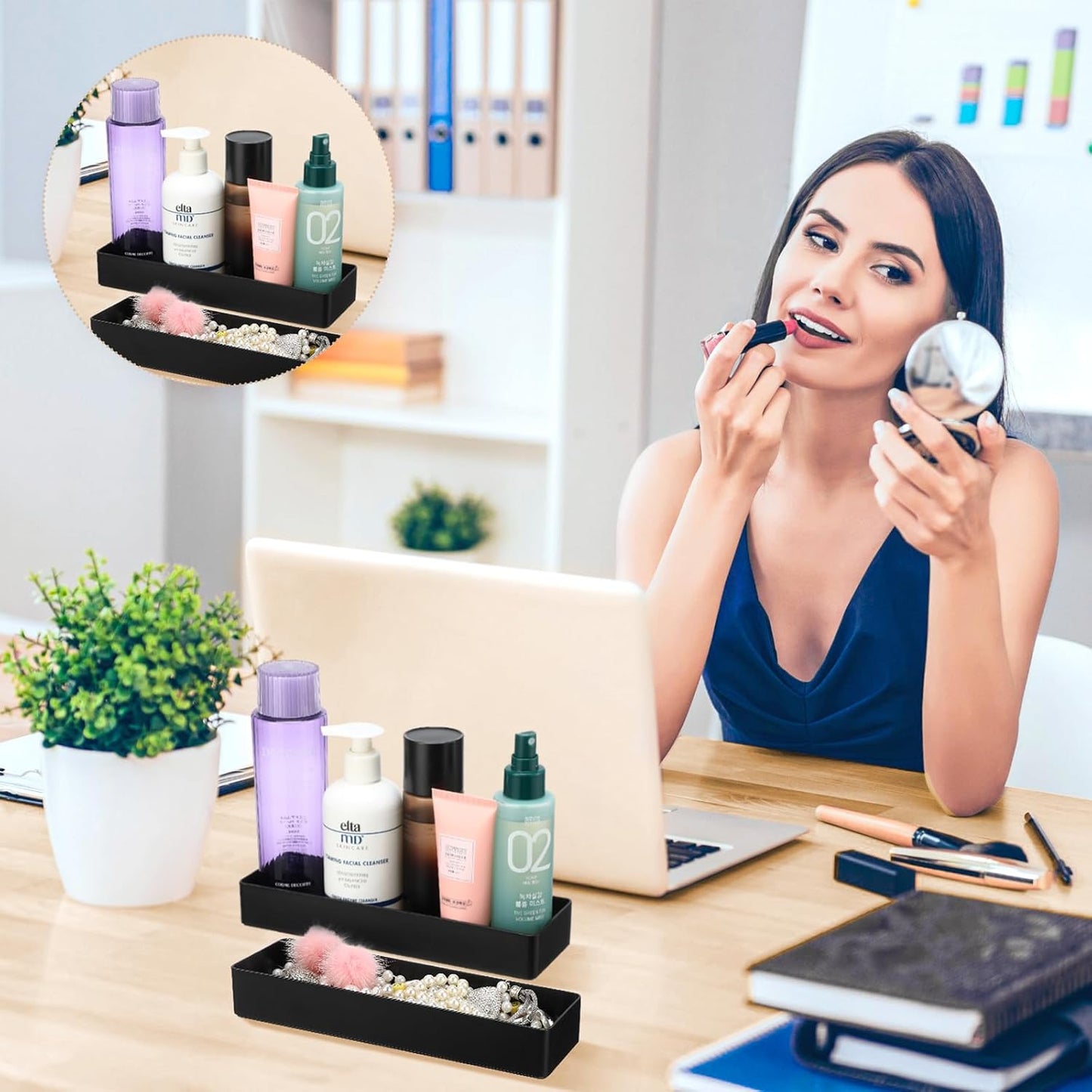 Teling 4 Pcs 4 Piece Large Black Rectangular Desk Organizer Set, Half Accessory Tray, Plastic Tabletop Organizer for Office, Home, or Study, Dimensions: 9.45 x 2.95 x 1.38 Inches