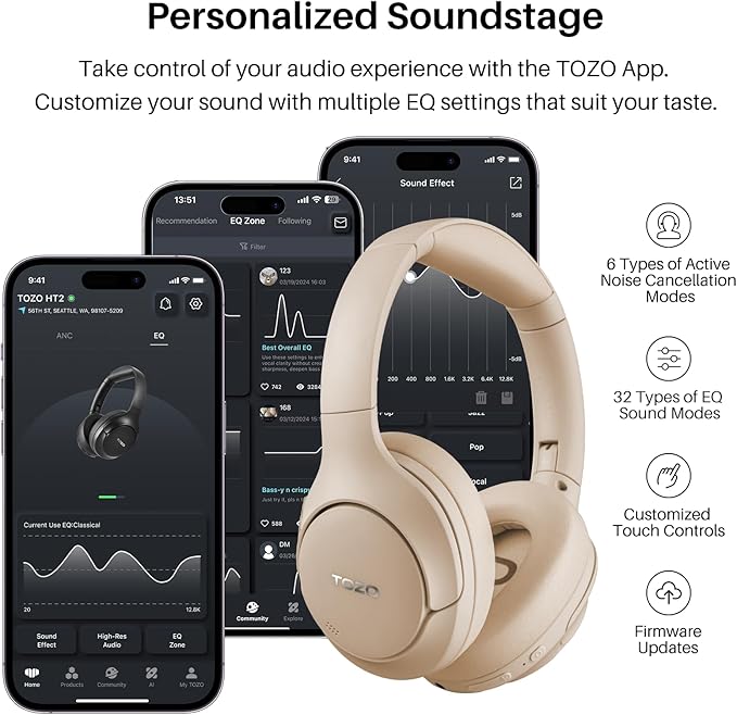 TOZO HT2 Hybrid Active Noise Cancelling Headphones, Wireless Over Ear Bluetooth Headset, 60H Playtime, Hi-Res Audio Custom EQ via App Deep Bass Comfort Fit Ear Cups, for Home Office Travel Khaki