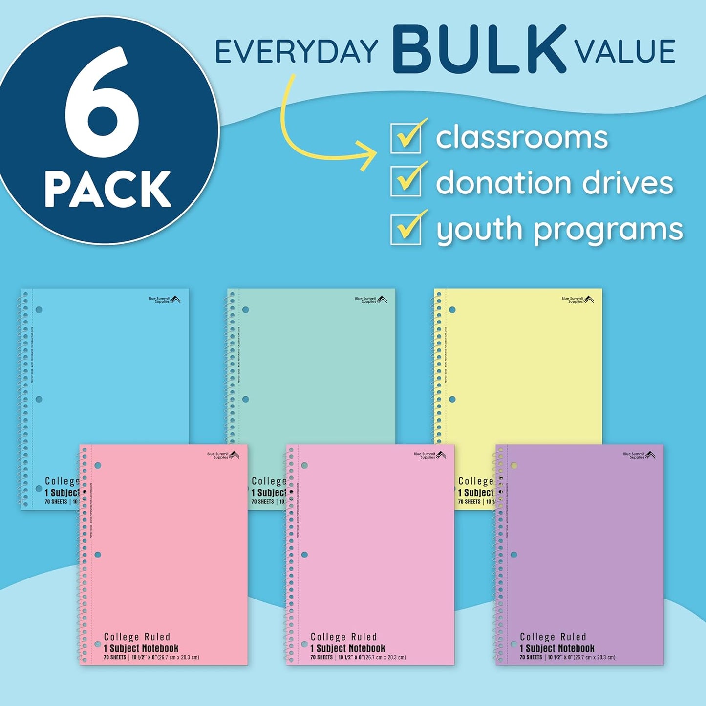 Blue Summit Pastel Spiral Notebook College Ruled, One Subject School Notebooks Spiral, Perforated Notebooks Bulk, 8 x 10.5 School Book, Paper, College Ruled, 6 Pack