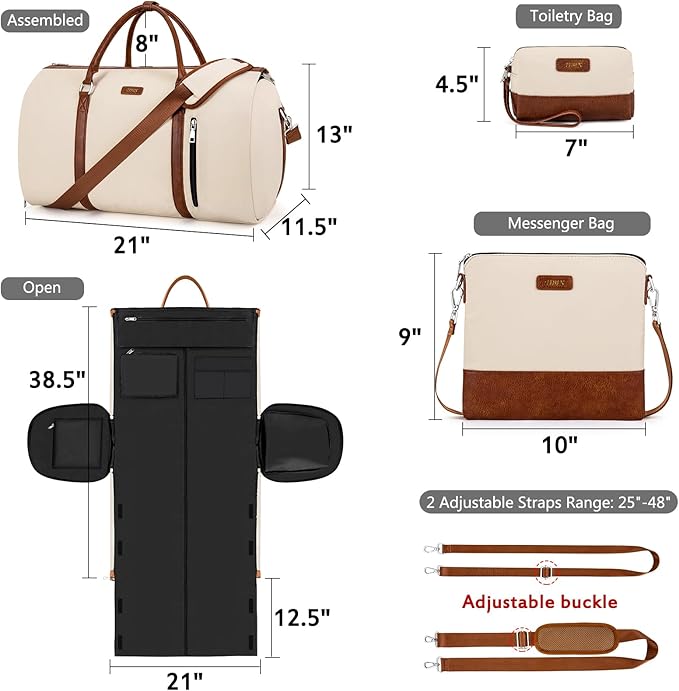 4pcs Convertible Garment Duffel Bag for Travel - 50L 2-in-1 Carry On Weekender Overnight Bag with Toiletry Bag, Fits Suits & Dresses, Trolley Sleeve, Hanging Suit Compartment, Waterproof Shoe Pocket