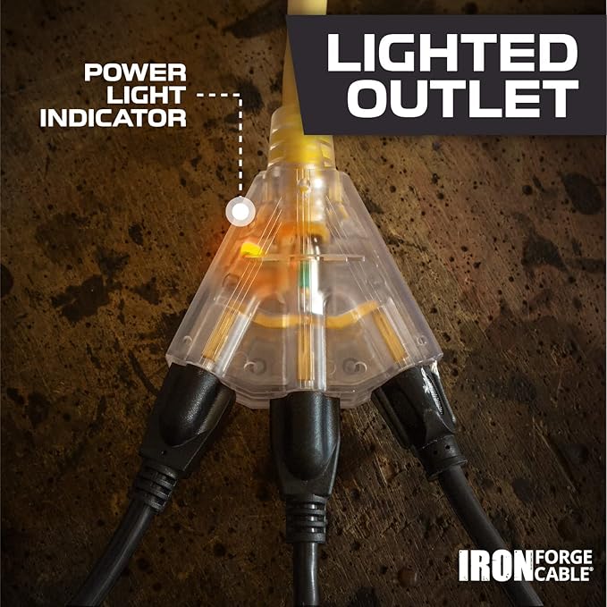 Iron Forge Cable 2 Pack 2 Foot Lighted Outdoor Extension Cord with 3 Outlets - 12/3 SJTW Heavy Duty Yellow Extension Cable 3 Prong - Multiple Outlets