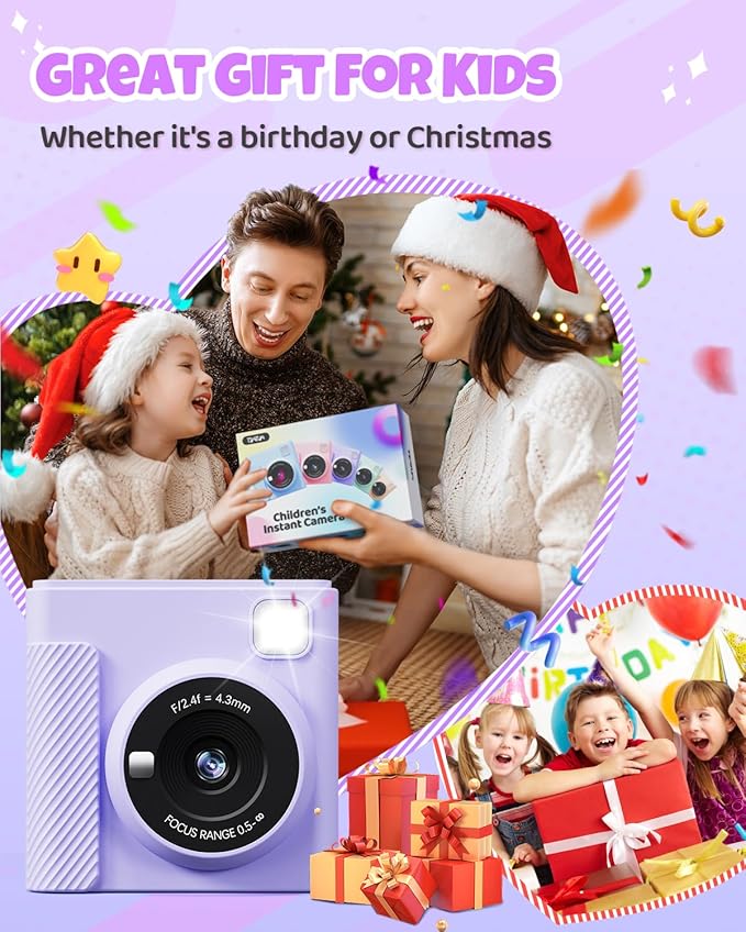 Kids Instant Print Camera, Christmas Birthday Gifts for Girls and Boys, 1080P HD Video Digital Kids Camera with Print Paper & 32G Card, Toddler Toy for 3-14 Years Old (Purple)
