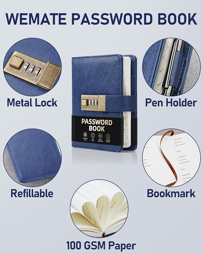 WEMATE Password Book with Lock, Password Book with Alphabetical Tabs 600+ Password Spaces, and Password Organizer Logbook, Password Keeper for Computer & Website Logins (4.33x6.18in) Blue