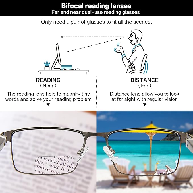 Bifocal Reading Glasses Men Blue Light Computer Readers Clear Top Designer Metal Frame Fashion Spring Hinge Eyeglasses