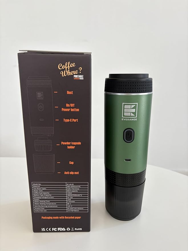 Portable Electric Espresso Machine, Car Coffee Maker for Travel Camping, Battery Powered Coffee Brewer Compatible with Ground Coffee & NS Capsules, Green