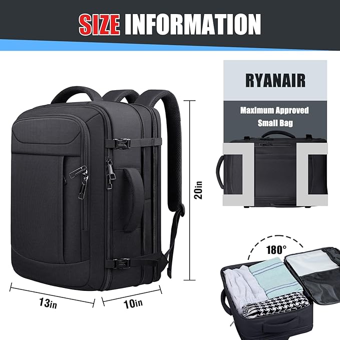 Travel Backpack, Expandable 50L Carry On Backpack, Extra Large Anti-Theft TSA Flight Approved Large Weekender Daypack Bag for Men and Women, Waterproof Pocket Lightweight Travel Gifts for Men, Black