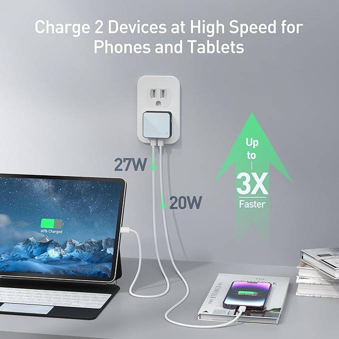 Nekmit Flat USB C Wall Charger, 47W Dual Ports USB C Charger Block, PPS Fast Charging Wall Plug for iPhone 15/15 Pro/15 Pro Max, Galaxy, MacBook Air, iPad, AirPods and More (Blue)