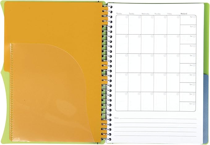 Mintra Office Durable PREMIUM Spiral Notebook, ((Green, 2 Subject (6in x 9.5in)), Wire, Fabric Covered Coils, No Snags, Removable Adjustable Pocket Dividers, Ruler, Organization, Customizable