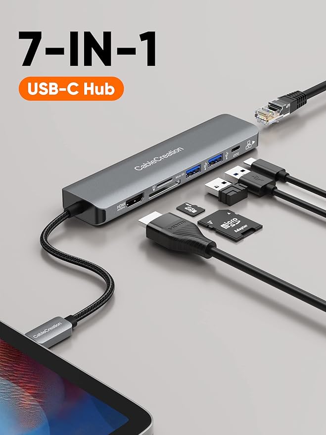 USB C Hub 4K 60Hz, CableCreation 7-in-1 USB-C Hub Multiport Adapter with 1Gbps Ethernet, HDMI, 2 USB 3.0 Ports, 100W PD and SD/TF Cards Reader, Compatible with Steam Deck MacBook Pro/Air, iPad Pro